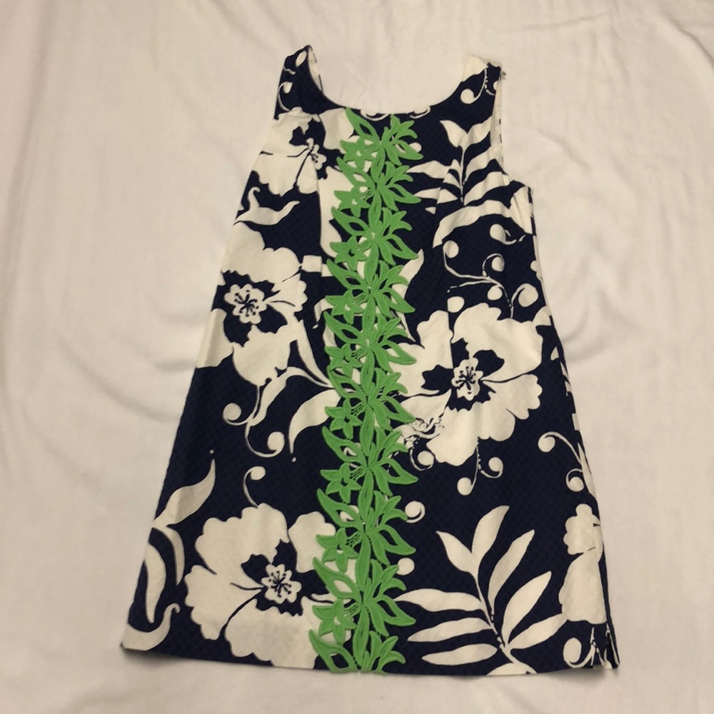 Lilly Pulitzer Navy, White & Green Floral Shift Dress with Leaf Trim